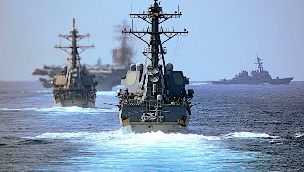 The guided-missile destroyers USS Mason and USS Laboon steam in formation with the aircraft carrier USS Dwight D. Eisenhower and the Italian navy frigate ITS Virginio Fasan in the Atlantic Ocean, Tuesday, July 4, 2023. (U.S. Navy photo by Petty Officer 2nd Class Keith Nowak)
