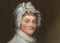 Cropped portrait of Abigail Adams in white bonnet.
