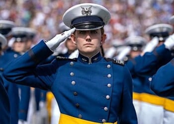 An Air Force cadet salutes during the Commencement ceremony at the U.S. Air Force Academy, Thursday, June 1, 2023, in Colorado Springs, Colorado. (Official White House photo by Cameron Smith)