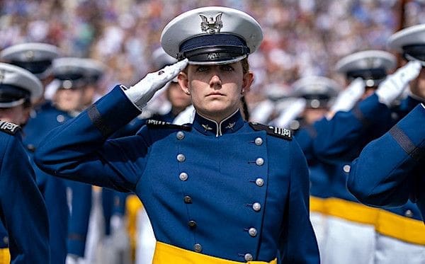 An Air Force cadet salutes during the Commencement ceremony at the U.S. Air Force Academy, Thursday, June 1, 2023, in Colorado Springs, Colorado. (Official White House photo by Cameron Smith)
