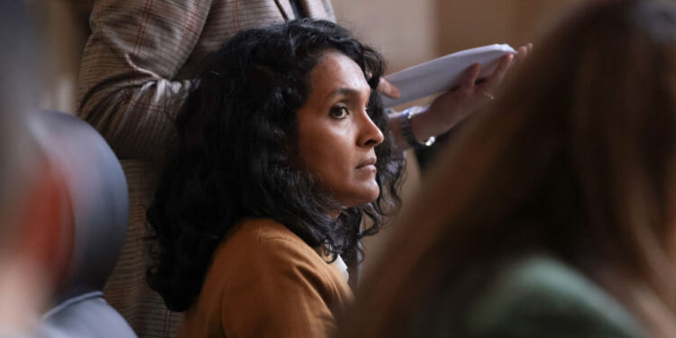 LA Councilmember Nithya Raman sits for a city council meeting where among the topics discussed was a sunset policy that requires municipal employees to be vaccinated from COVID-19 inside the Council Chambers on Tuesday, June 11, 2024 in Los Angeles, CA. (Photo by Dania Maxwell/Los Angeles Times via Getty Images)