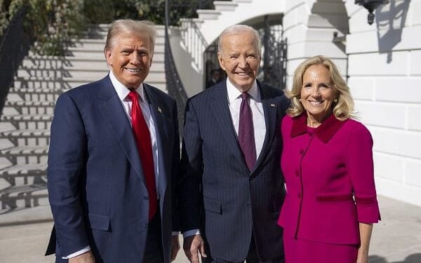 Joe Biden and Jill Biden greet President-elect Donald Trump, Wednesday, Nov. 13, 2024, on the South Portico of the White House. (Official White House photo by Adam Schultz)
