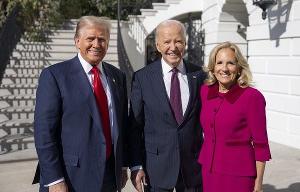 Joe Biden and Jill Biden greet President-elect Donald Trump, Wednesday, Nov. 13, 2024, on the South Portico of the White House. (Official White House photo by Adam Schultz)