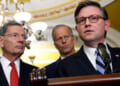 John Barrasso, John Thune, and Mike Johnson speak to reporters in the Capitol.
