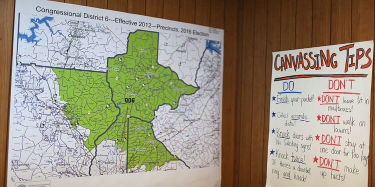 Signs are seen on the walls of a campaign office for Democratic candidate Jon Ossoff's as he runs for Georgia's 6th Congressional District.