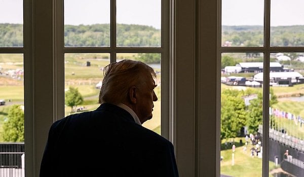 President Donald J. Trump watches the LIV Golf tournament at Trump National Golf Club Washington D.C. in Sterling, Virginia on Saturday, May 9, 2026. (Official White House photo by Molly Riley)
