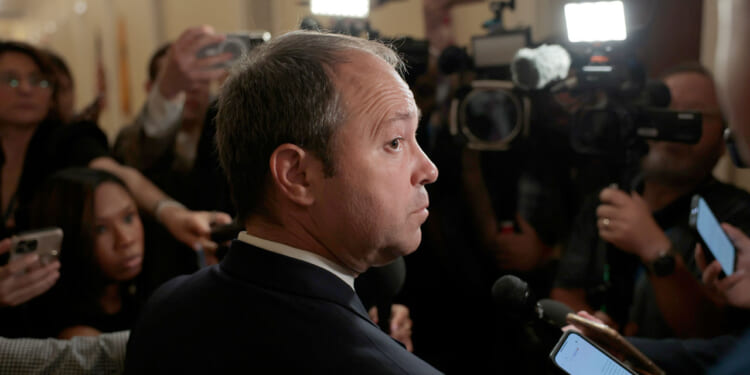 Indiana Rep. Marlin Stutzman (R) speaks to reporters outside of a hearing room on Capitol Hill on May 16, 2025.