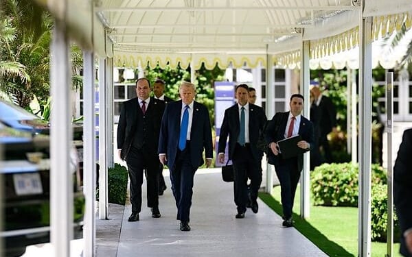 President Donald J. Trump arrives to a Crypto conference at the Mar-a-Lago Club, Saturday, April 25, 2025, in Palm Beach, Florida. (Official White House photo by Daniel Torok)