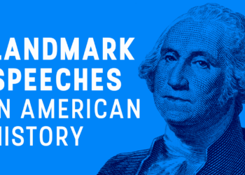 An image of George Washington next to the words "Landmark speeches in American history"