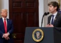 OpenAI CEO Sam Altman speaking at a podium in front of President Donald Trump