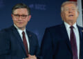 Speaker of the House Mike Johnson and President Donald Trump at an NRCC event.