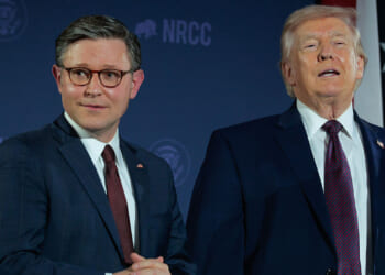 Speaker of the House Mike Johnson and President Donald Trump at an NRCC event.
