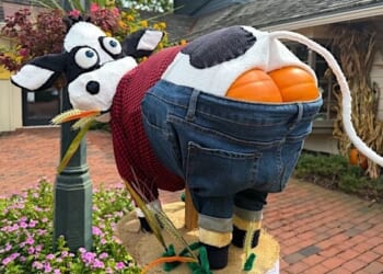 A bovine scarecrow on display Sunday, Sept. 28, 2025, at Peddler