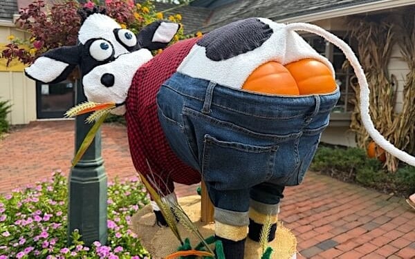 A bovine scarecrow on display Sunday, Sept. 28, 2025, at Peddler