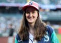 Seattle Mayor Katie Wilson looks on after the ceremonial first pitch before the game between the Seattle Mariners and the New York Yankees at T-Mobile Park on March 30, 2026 in Seattle, Washington. (Steph Chambers/Getty Images)