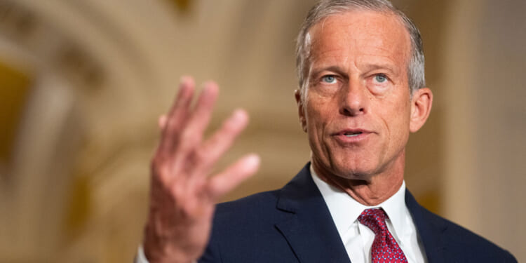Senator John Thune speaks to reporters in the Capitol.