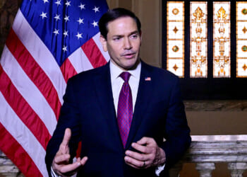 Secretary of State Marco Rubio speaks to the press at the US Embassy in Rome, Italy on May 8, 2026. (STEFANO RELLANDINI/Pool/REUTERS)