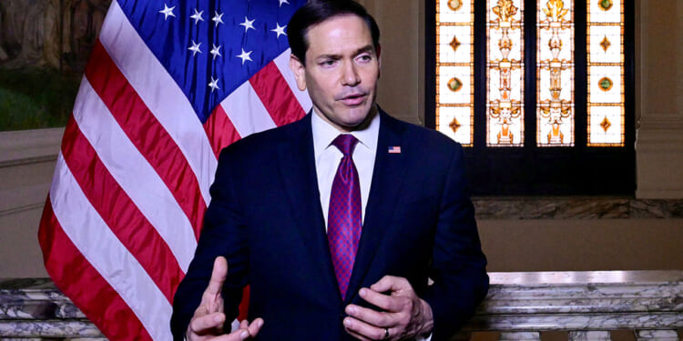 Secretary of State Marco Rubio speaks to the press at the US Embassy in Rome, Italy on May 8, 2026. (STEFANO RELLANDINI/Pool/REUTERS)