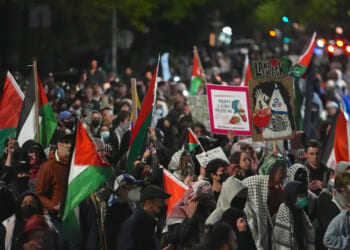 Anti-Israel protesters rally against an Israeli real estate event at Young Israel Synagogue of Midwood, Brooklyn, New York, May 11. (Photo by Selcuk Acar/Anadolu via Getty Images)