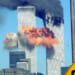 A fiery blasts rocks the World Trade Center after being hit by two planes September 11, 2001 in New York City.