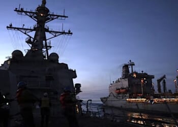 The USS Thomas Hudner conducts a replenishment with the USNS Kanawha in the U.S. Central Command area of responsibility, April 26, 2026. (U.S. Navy photo)