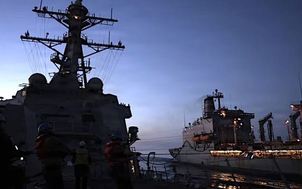 The USS Thomas Hudner conducts a replenishment with the USNS Kanawha in the U.S. Central Command area of responsibility, April 26, 2026. (U.S. Navy photo)