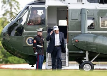 President Donald J. Trump disembarks Marine One on the South Lawn of the White House as he returns from a trip to China, Friday, May 15, 2026. (Official White House photo by Molly Riley)