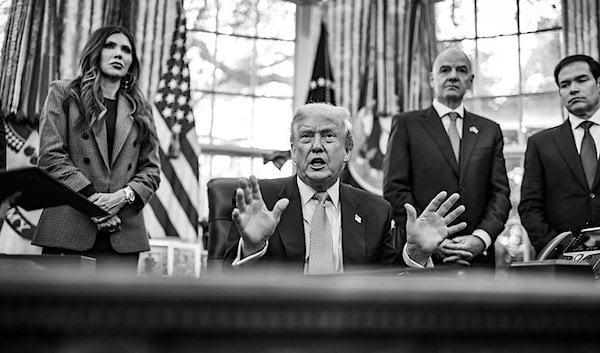President Donald Trump answers questions from members of the media after meeting with the White House Task Force on the 2026 FIFA World Cup, Monday, Nov. 17, 2025, in the Oval Office. (Official White House photo by Daniel Torok)