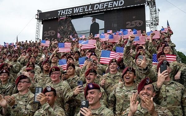 Members of the military cheer for President Donald Trump before he delivers remarks at Fort Bragg, North Carolina on Tuesday, June 10, 2025, during a visit to commemorate the 250th anniversary of the U.S. Army, Tuesday, June 10, 2025. (Official White House photo by Daniel Torok)