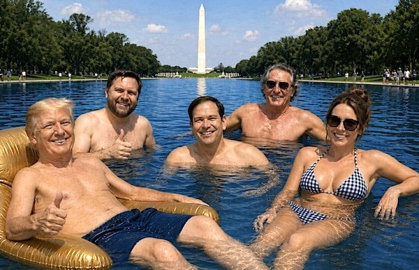 President Donald Trump posted this A.I. image of himself and Cabinet members wading in the Lincoln Memorial Reflecting Pool on Friday night, May 1, 2026 (Truth Social)
