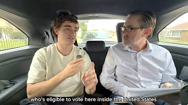 Nick Shirley, left, exposing California voter fraud in June 2026 (Video screenshot)