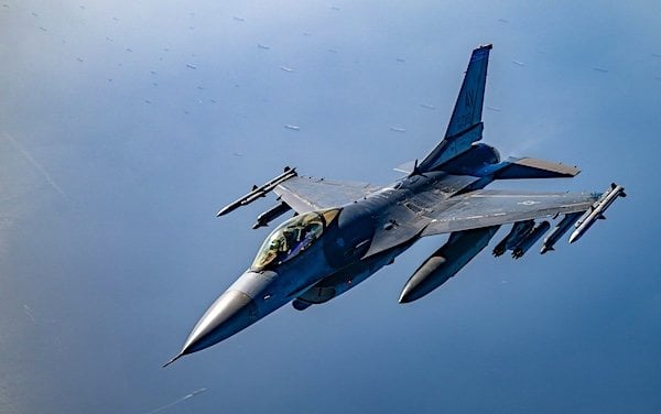 A U.S. Air Force F-16 fighter jet patrols near the Strait of Hormuz on Tuesday, May 5, 2026, as part of Project Freedom. (U.S. Central Command photo)