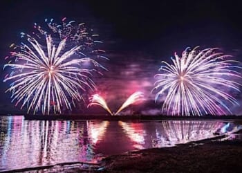 Fireworks explode over Lake Ogawara during Lights on the Lake, a Labor Day event, at Misawa Air Base, Japan, Sept. 1, 2023. (U.S. Air Force photo by Airman 1st Class Koby Mitchell)