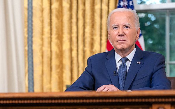 Joe Biden delivers remarks to the nation after the attempted assassination of former President Donald Trump, Sunday, July 14, 2024, in the Oval Office. (Official White House photo by Adam Schultz)