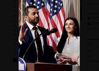 Kash Patel is sworn into office as the ninth Director of the FBI by Attorney General Pamela Bondi in Washington, D.C., on Feb. 21, 2025 with his girlfriend, Alexis Wilkins. (Courtesy X/Alexis Wilkins)Screenshot