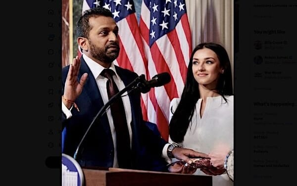 Kash Patel is sworn into office as the ninth Director of the FBI by Attorney General Pamela Bondi in Washington, D.C., on Feb. 21, 2025 with his girlfriend, Alexis Wilkins. (Courtesy X/Alexis Wilkins)Screenshot