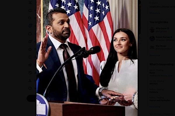 Kash Patel is sworn into office as the ninth Director of the FBI by Attorney General Pamela Bondi in Washington, D.C., on Feb. 21, 2025 with his girlfriend, Alexis Wilkins. (Courtesy X/Alexis Wilkins)Screenshot
