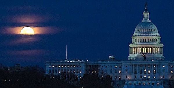 The Moon, or supermoon, is seen as it rises behind the U.S. Capitol, Monday, March 9, 2020, in Washington, D.C. A supermoon occurs when the Moon’s orbit is closest (perigee) to Earth. (NASA photo by Joel Kowsky)