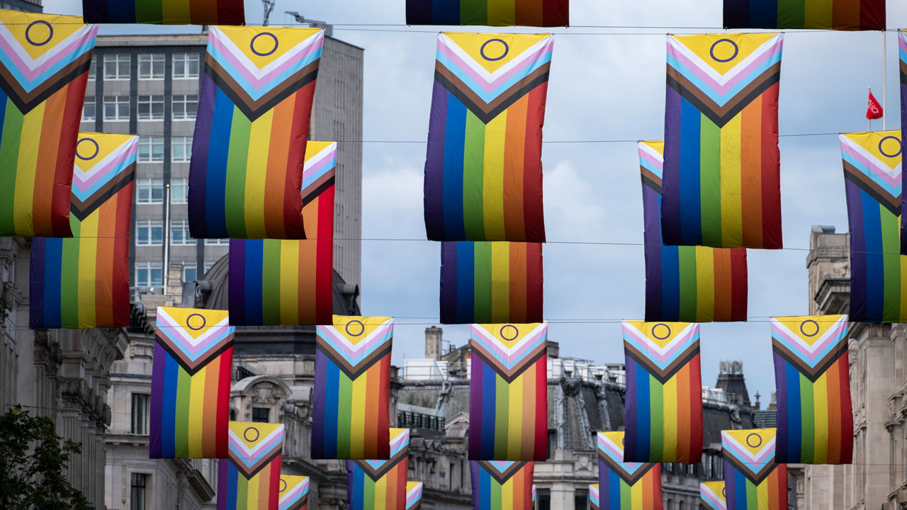 Intersex Inclusive Pride flags high above Regent Street in advance of the Pride in London parade on 7th July 2025 in London, United Kingdom.