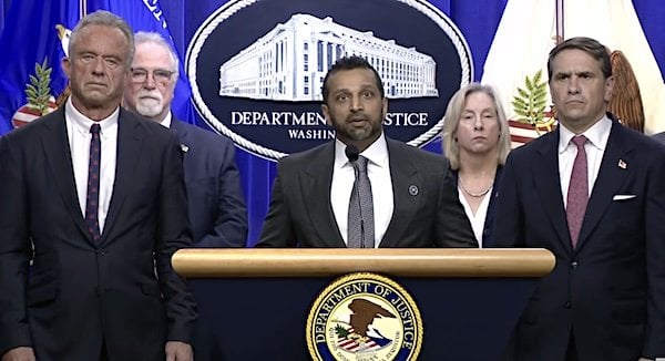 FBI Director Kash Patel, center, along with Health and Human Services Secretary Robert F. Kennedy, Jr., left, and Acting Attorney General Todd Blanche, right (Video screenshot)