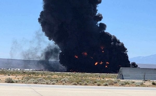A U.S. Air Force B-52 Stratofortress crashes just after takeoff at Edwards Air Force Base in Kern County, California on Monday, June 15, 2026 (X)