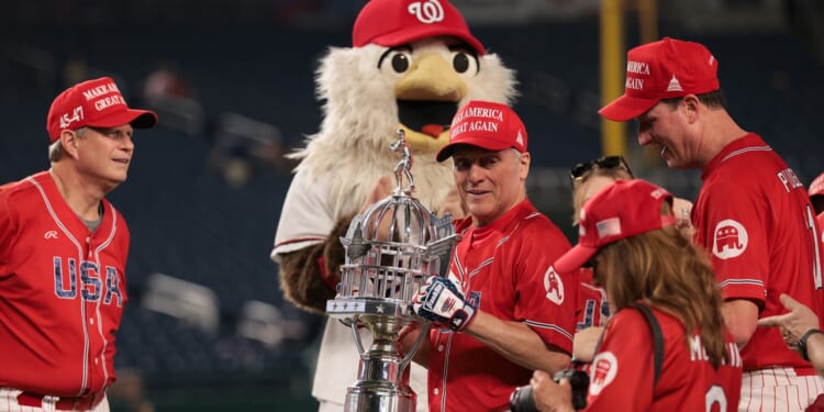Rep. Steve Scalise, R-Ls., (C) and other congressional Republicans hold a baseball trophy