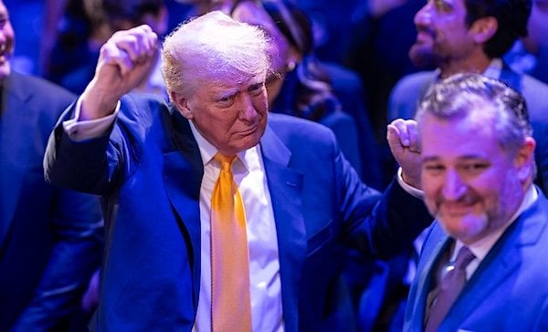 President Donald Trump does the 'Trump Dance' as he attends UFC 314 in Miami, Florida, on Saturday night, April 12, 2025 (Official White House photo)