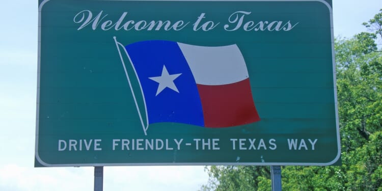 Green roadside sign with Welcome to Texas, a waving Texas flag, and the slogan Drive Friendly – The Texas Way against a backdrop of trees and blue sky.