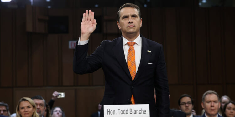 Acting Attorney General Todd Blanche gets sworn in at his confirmation hearing in front of the Senate Judiciary Committee on Capitol Hill July 15, 2026 in Washington, DC.