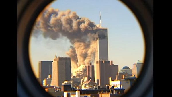The World Trade Center in New York City after being hit by jet airliners in a terror attack on Sept. 11, 2001