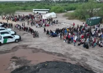 hundreds of illegal immigrants being processed by U.S. Border Patrol officers