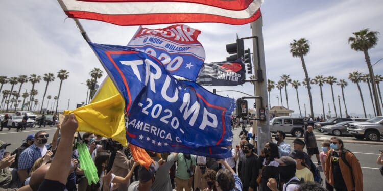 A crowd gathers outdoors by a street lined with palm trees, waving flags including a large Trump 2020 banner.