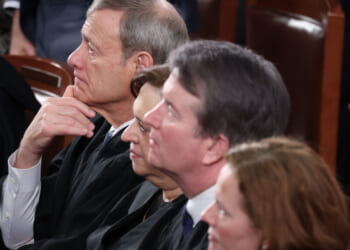 Supreme Court Chief Justice John Roberts, Associate Justice Elena Kagan, Associate Justice Brett Kavanaugh and Associate Justice Amy Coney Barrett attend the State of the Union address during a Joint Session of Congress at the U.S. Capitol on February 24, 2026, in Washington, DC. Trump delivered his address days after the Supreme Court struck down the administration's tariff strategy and amid a U.S. military buildup in the Persian Gulf threatening Iran. (Photo by Win McNamee/Getty Images)