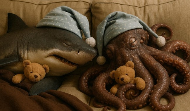 Sammy the Shark and Karl the Kraken asleep on the couch